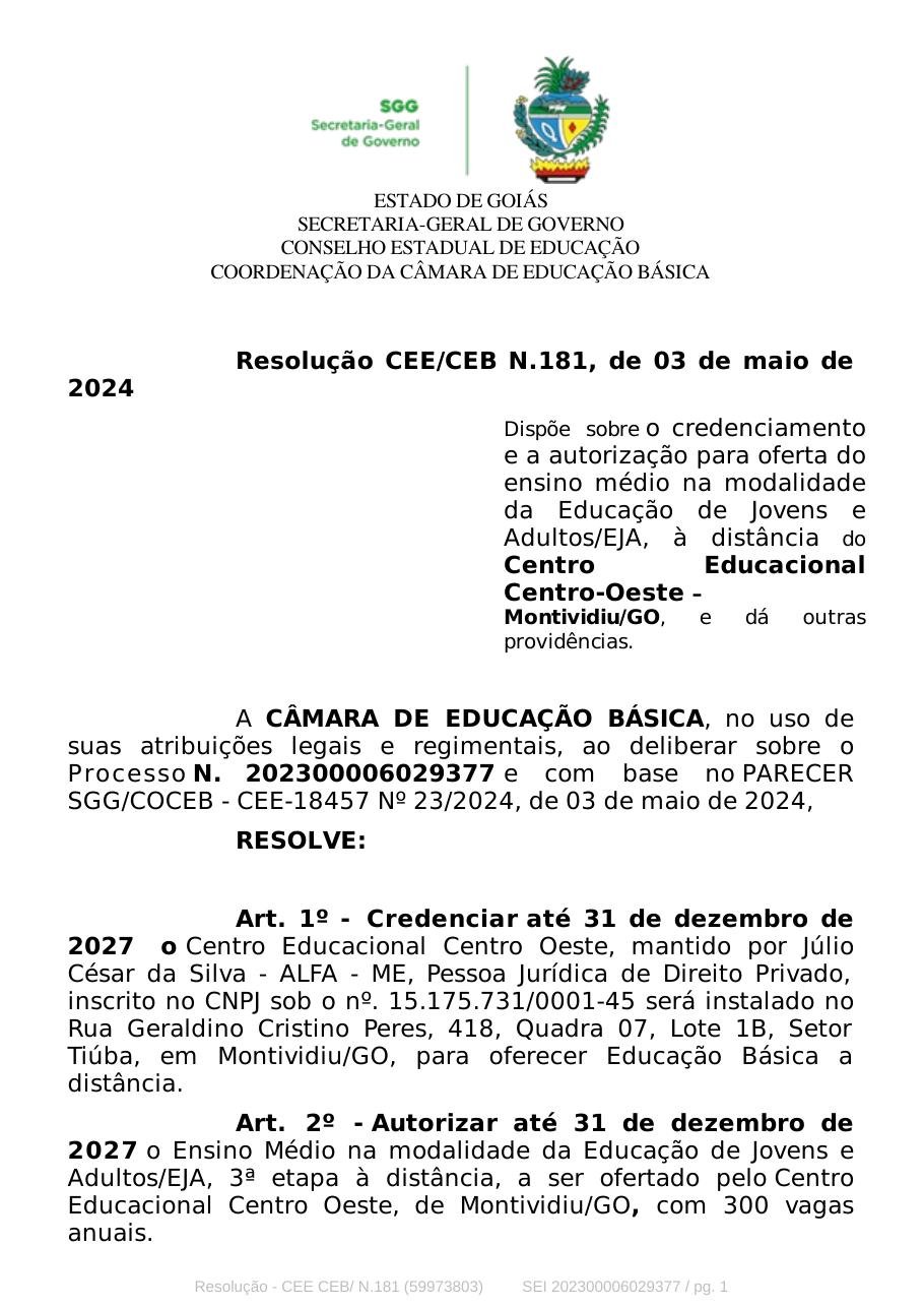 Primeira página da Resolução CEE/CEB nº 181 de 2024